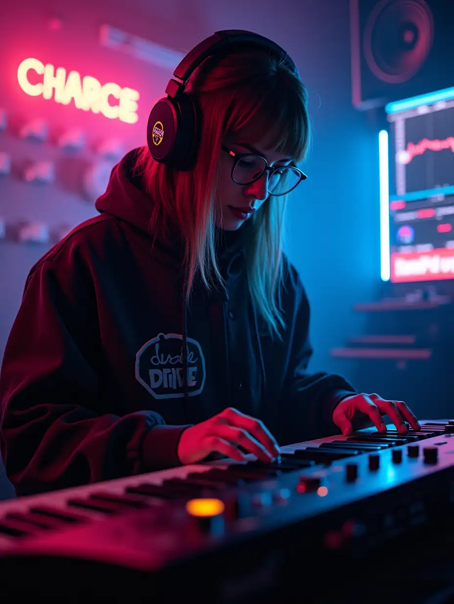 Girl in cyberpunk style electro music man playing synthesizer