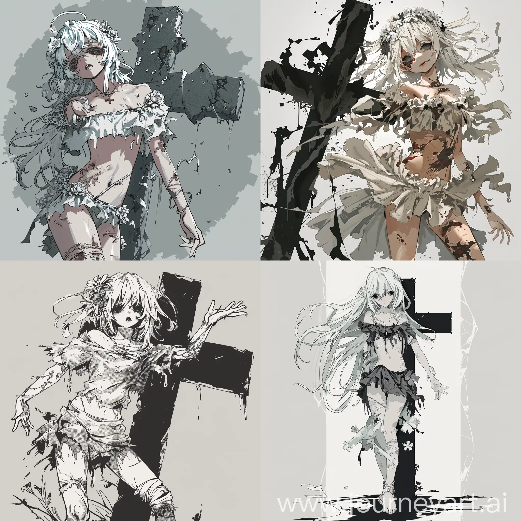 Anime-Style-Girl-Ghost-Dancing-with-a-Big-Cross-in-Ripped-Clothes-and-Flowered-Hair