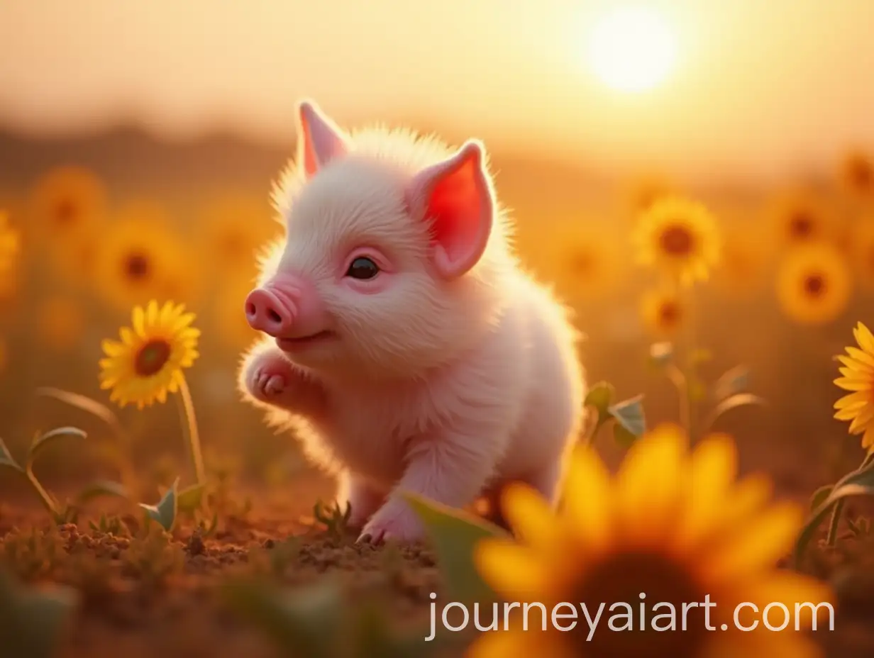 Adorable-Baby-Pig-Hybrid-Playing-in-Pink-Sunflower-Field-at-Sunset