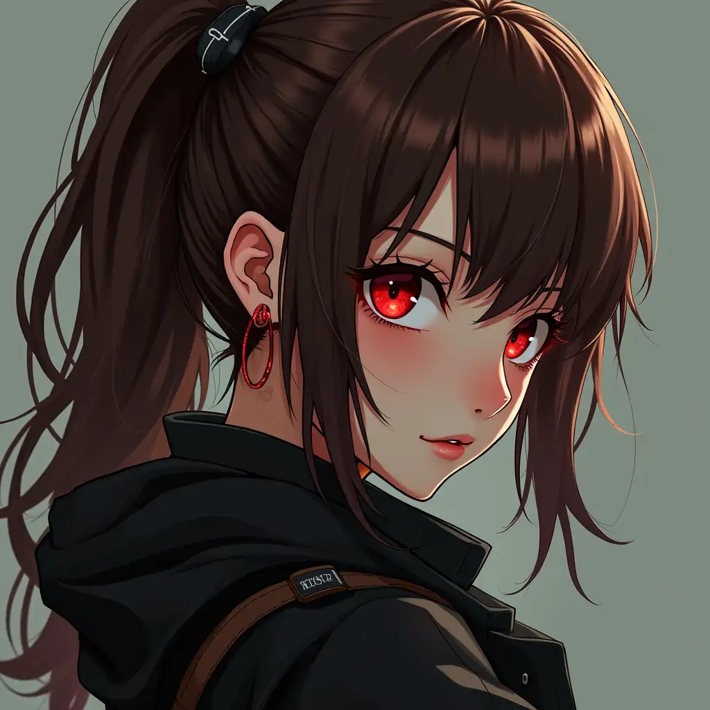 an evil anime style cyberpunk girl brown hair portrait looking over shoulder , very detailed