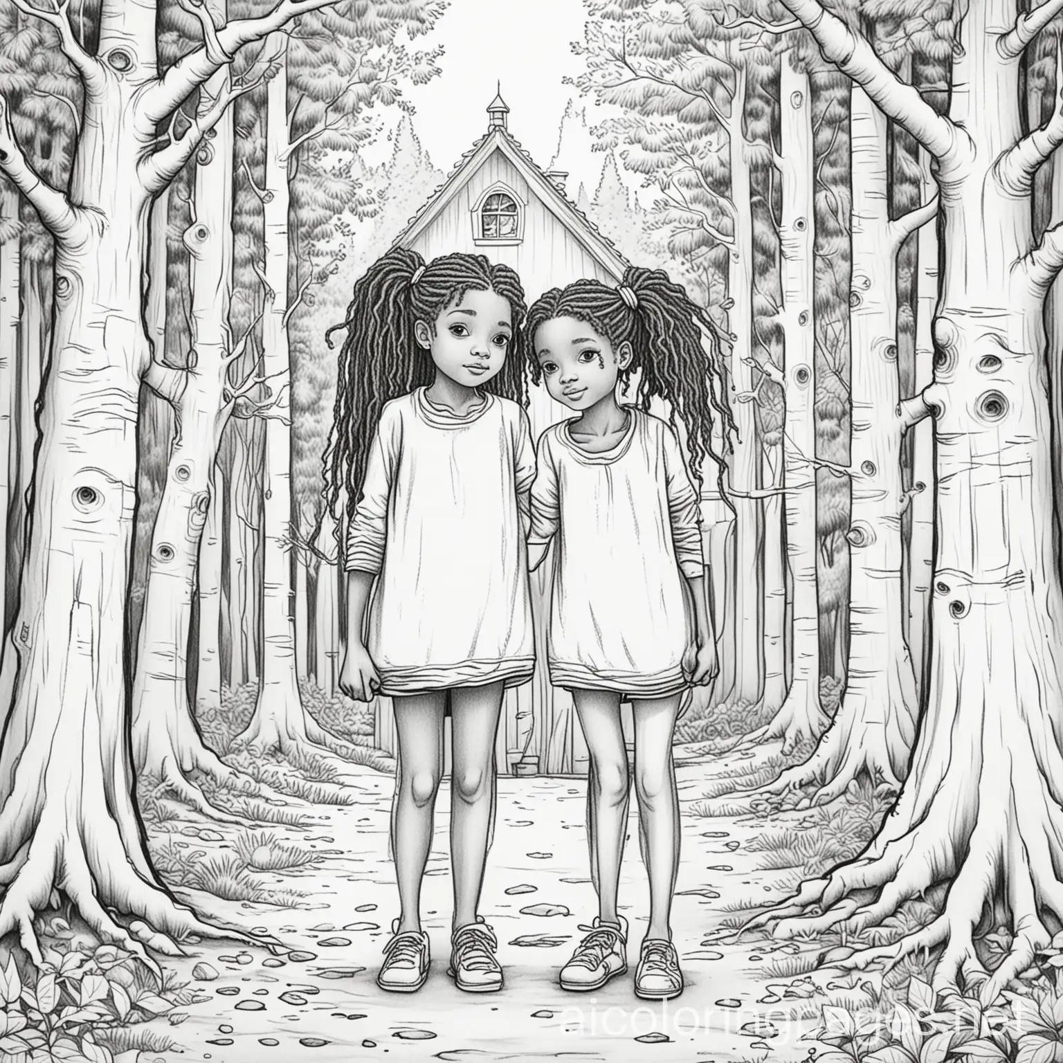 Two-Black-Sisters-Holding-Hands-Outside-Cozy-Home-Coloring-Page