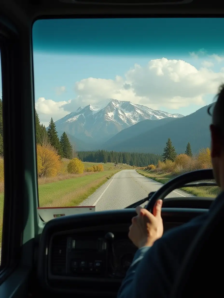 a view of a truck driver from the cabin to beautiful nature. a wheel is visible