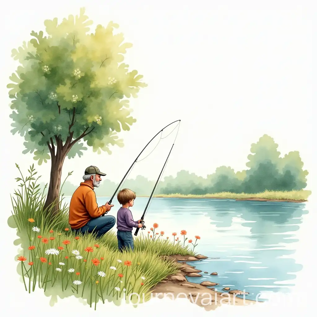 Watercolor-Painting-of-Grandfather-and-Grandson-Fishing-by-the-Riverbank