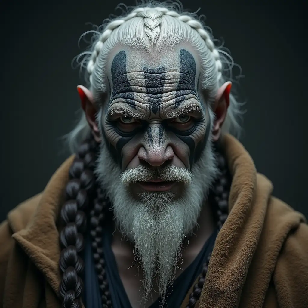 Elder goliath male with deep grey skin and black tribal face tattoos with braided white hair and wearing old robes