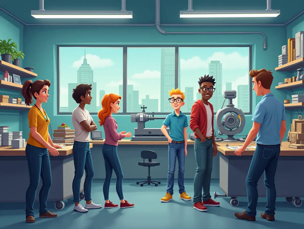 Animated image of students learning in a machine tools room