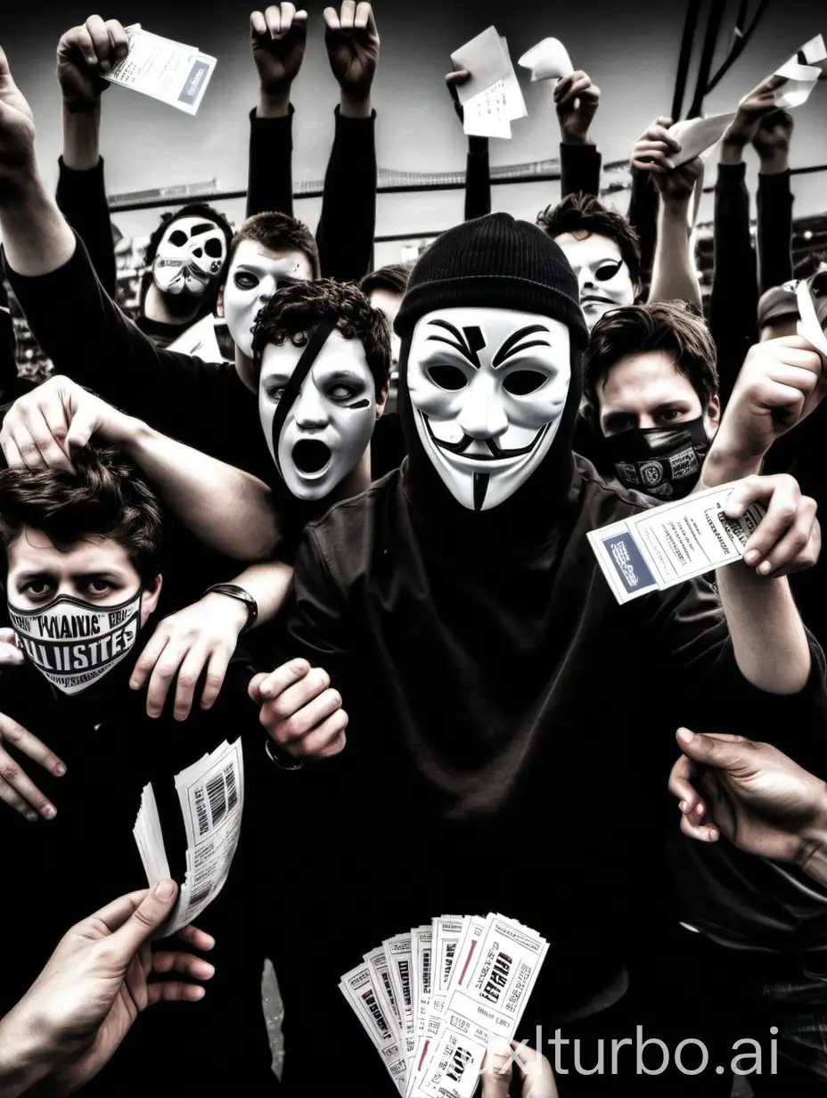 Hooligan-in-Black-and-White-Mask-with-Tickets-Surrounded-by-Crowd