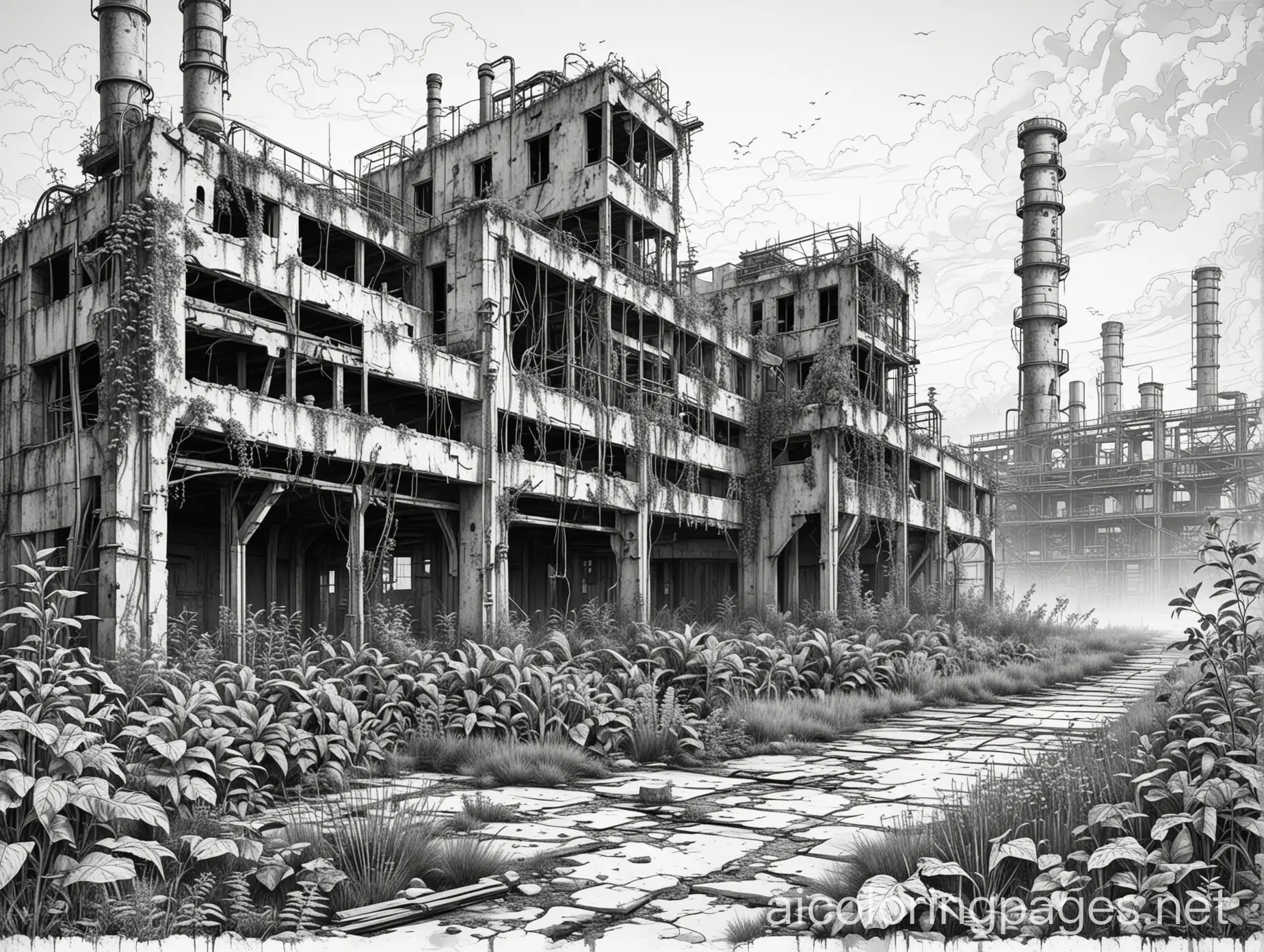 PostApocalyptic-Abandoned-Factory-Coloring-Page-with-Overgrown-Plants