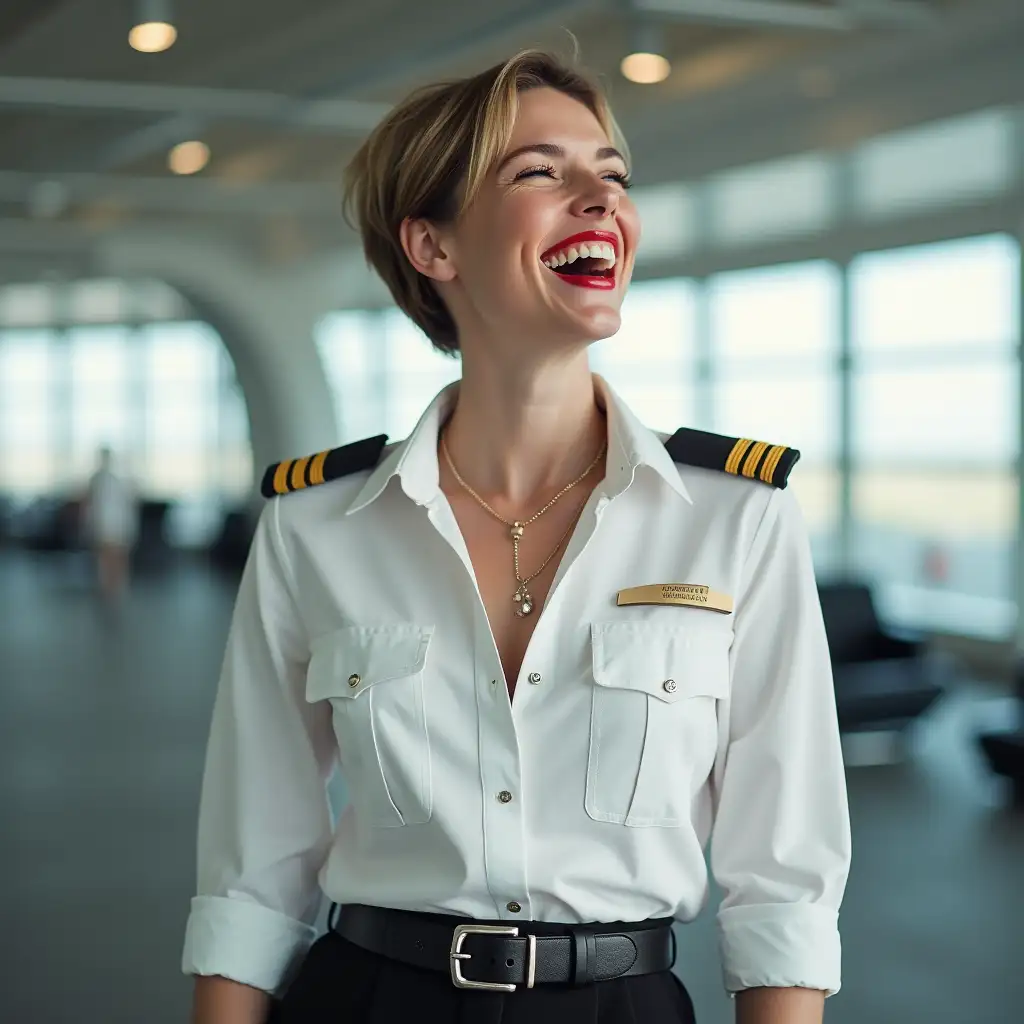 white norvegian pilot lady, in white deep-necked pilot shirt, laughing with her mouth open, red lipstick accentuating her smile,belt on waist, big wide hips, chest are fully grown, jewerly, short hair, HD, enjoing at airport , photo-realism