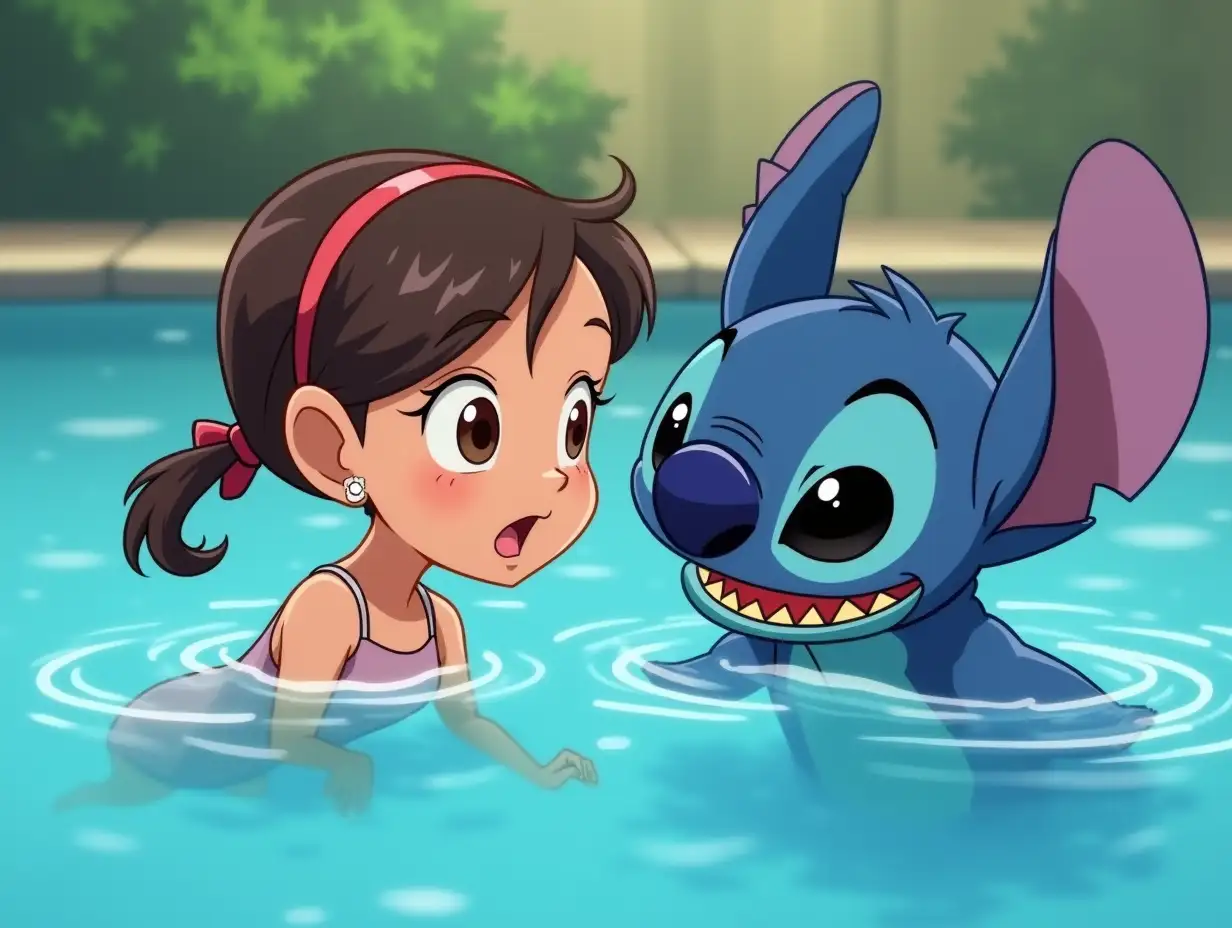 A little 7 year girl saving Stitch from drowning in the swimming pool