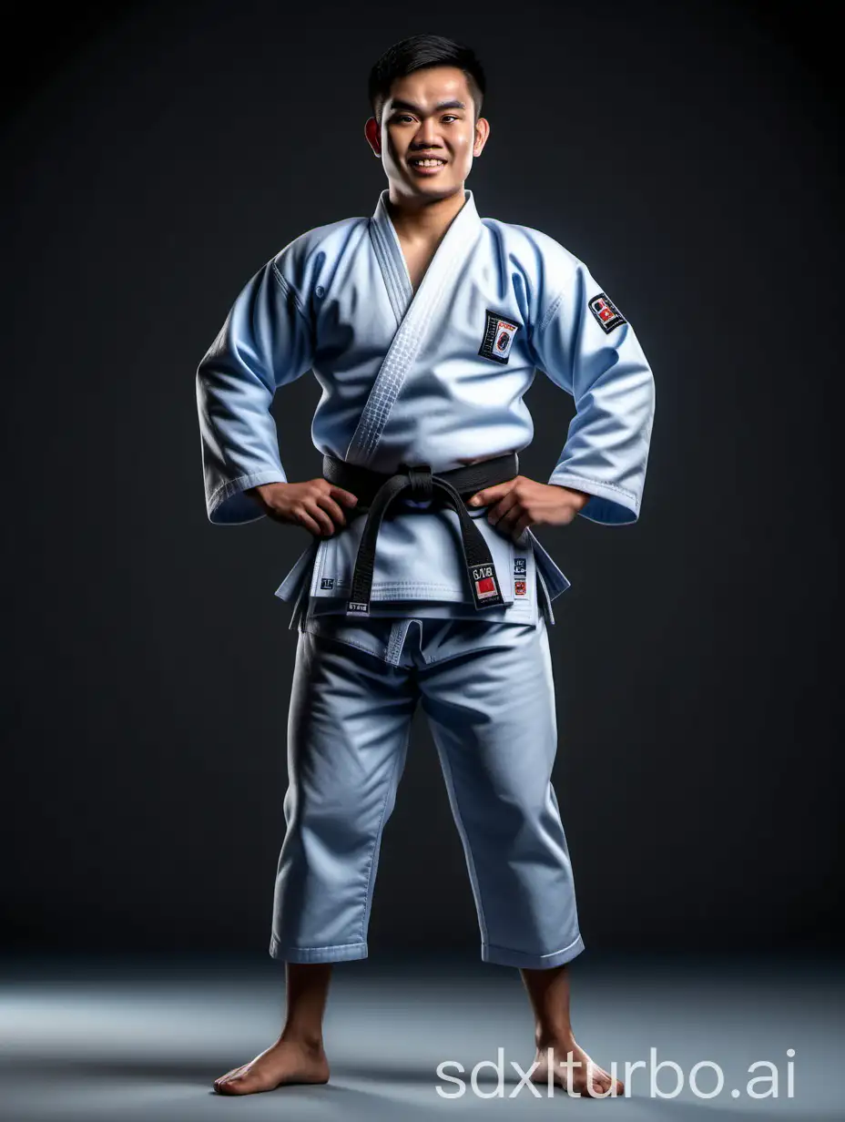 Indonesian-Man-in-Blue-Judo-Uniform-Standing-Alert-in-Gray-Background