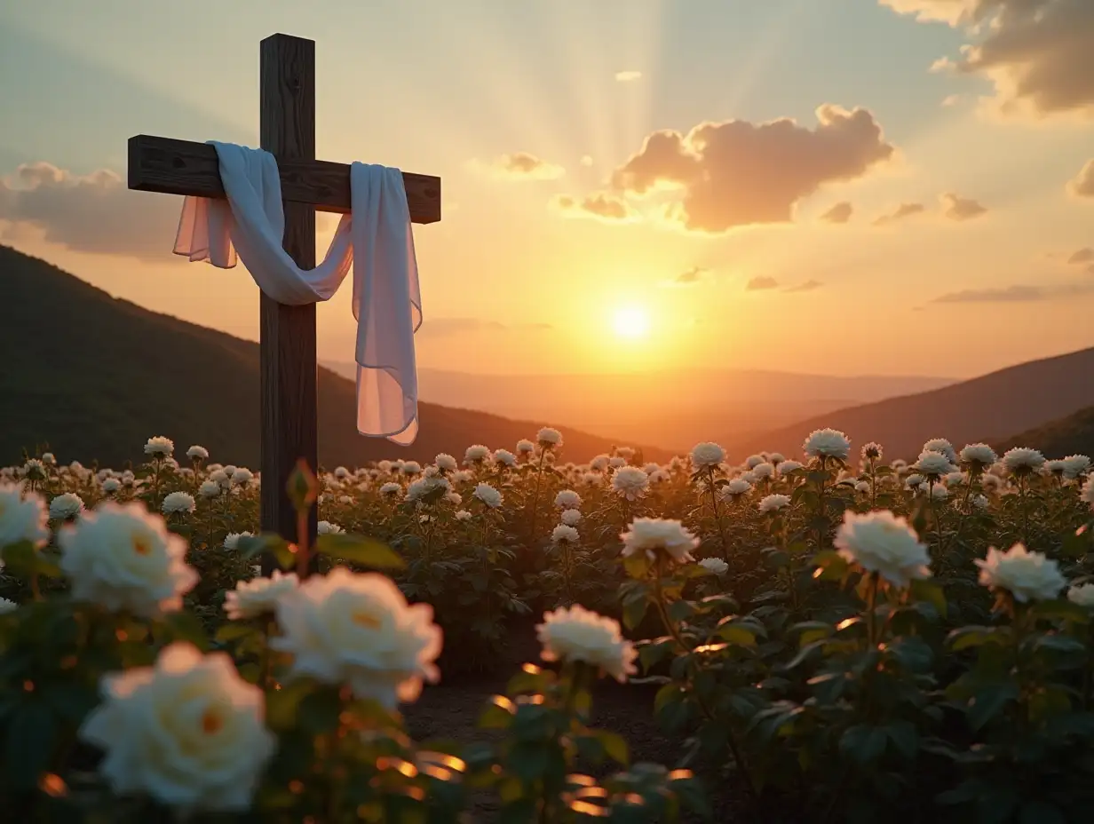 real photography of a valley with white rose flowers. the SKY AT SUNSET. IN the center of the photograph, in the foreground, a large dark wooden cross on which a white sheet is placed, the cross is illuminated by the setting sun