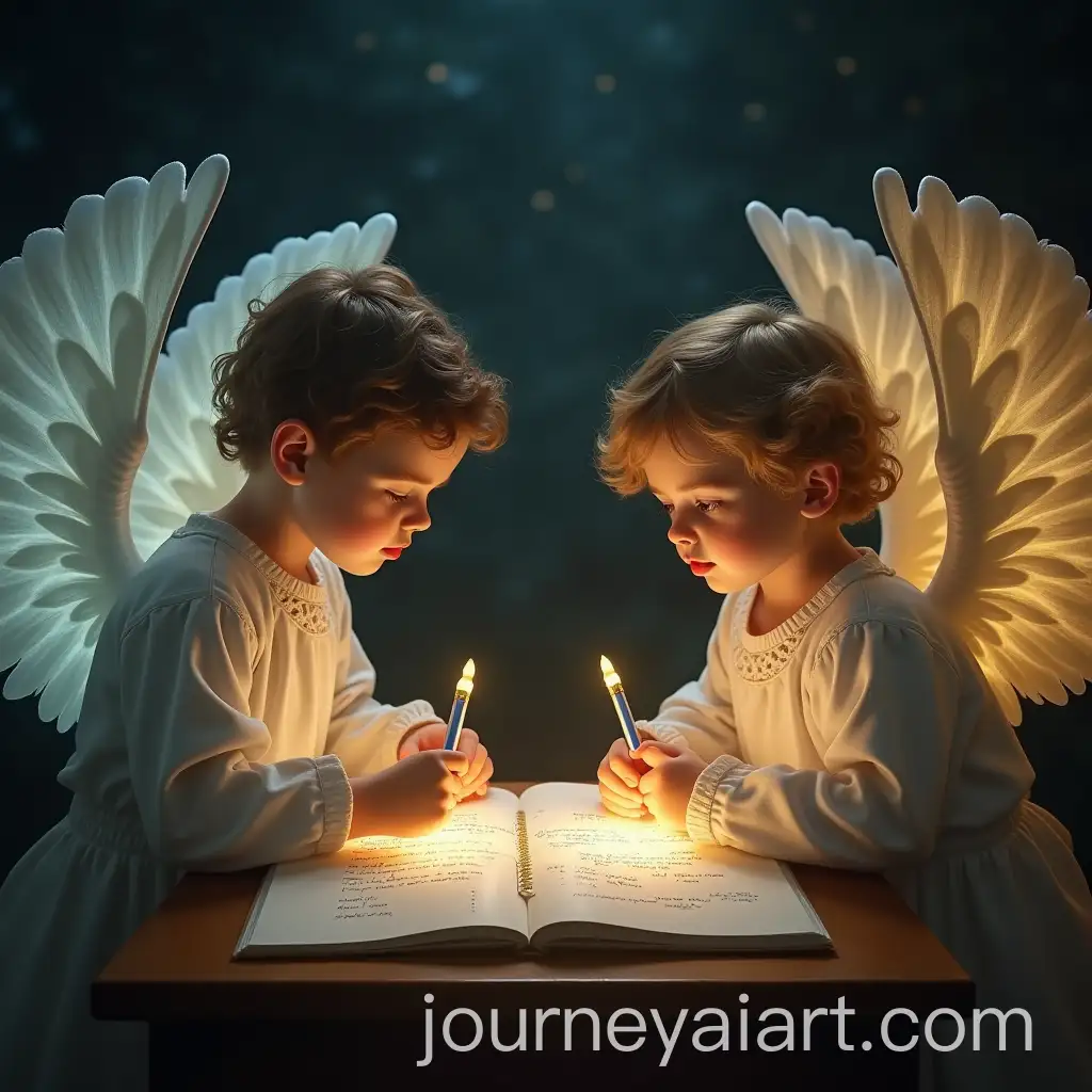 AngAI-Art-Prompt-Expansionels-Recording-Good-and-Bad-Deeds-with-Glowing-Pens