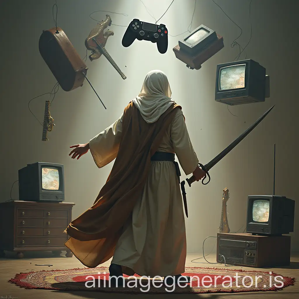 An Arab man holding a sword in his hand ready to start fighting, his back to the camera, facing him is a PlayStation controller, an old TV, a musical instrument, and around them are game consoles, musical instruments, and TV screens floating in the air.