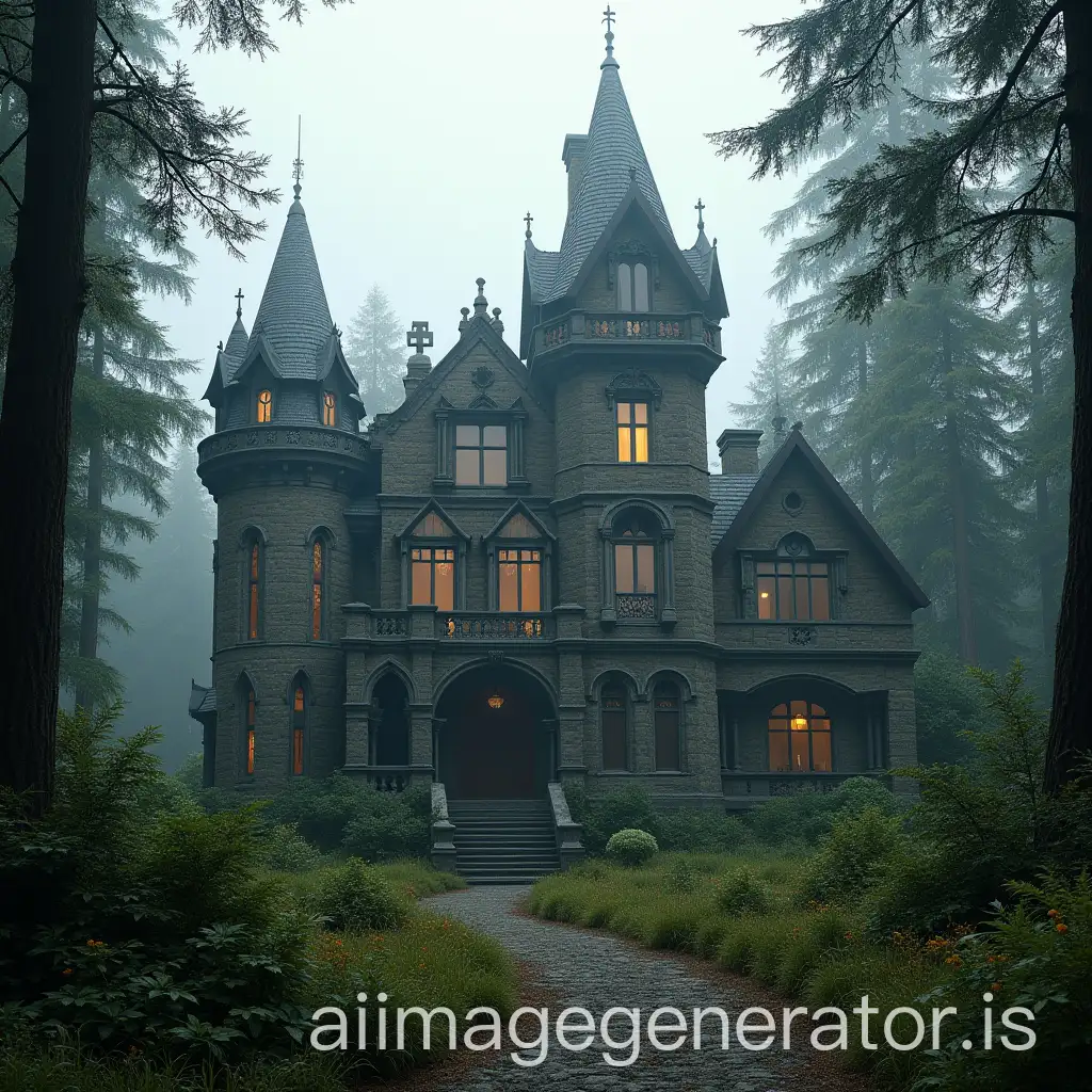 Gothic-Manor-with-Two-Sharp-Towers-Surrounded-by-Dark-Forest