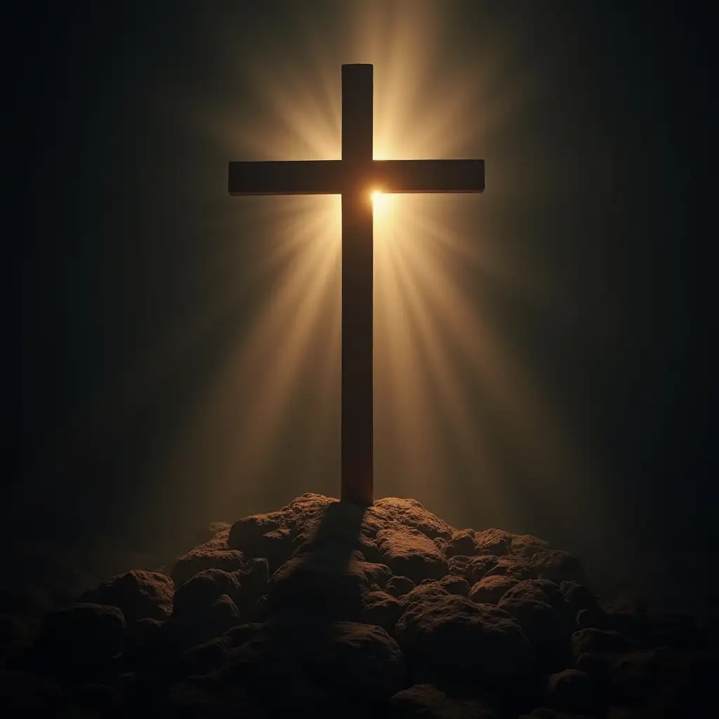 A cross or empty tomb with subtle, elegant lighting to convey hope and redemption.
