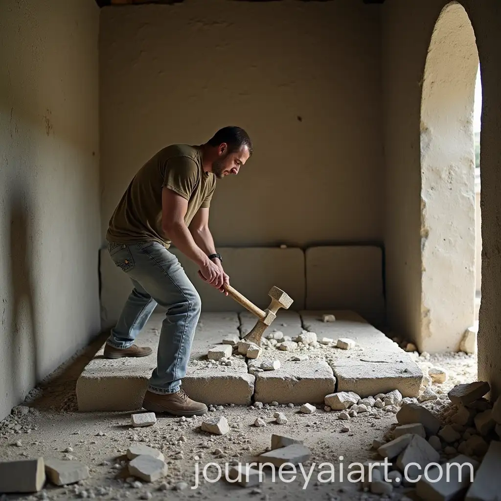 Man-Breaking-Stone-Bed-with-Sledgehammer-in-Construction-Setting