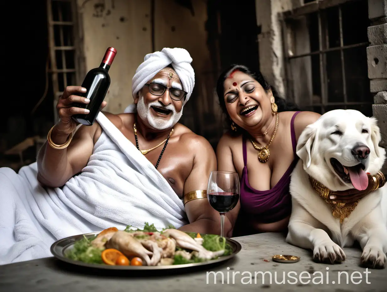 Indian Couple Sleeping with Dog in Old Building with Tandoori Chicken