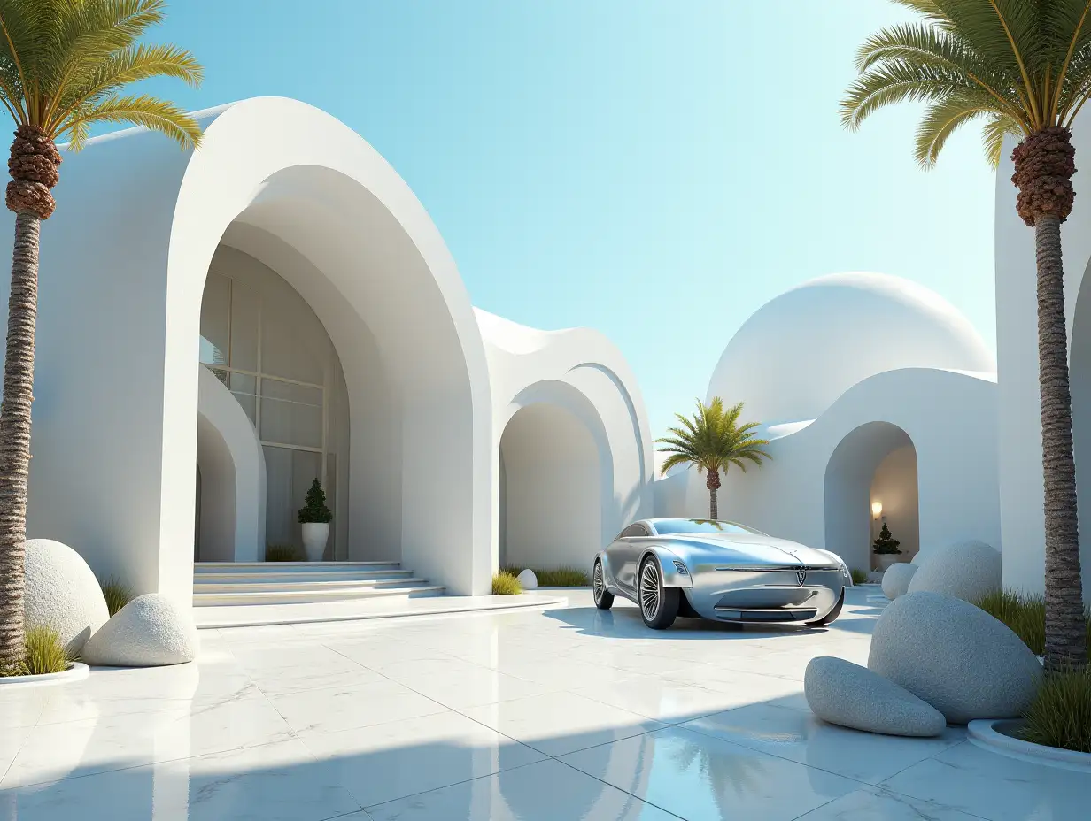 Create a high-resolution realistic image in 4k resolution of a futuristic building with curved pillars, palm trees, rocks and a futuristic vehicle