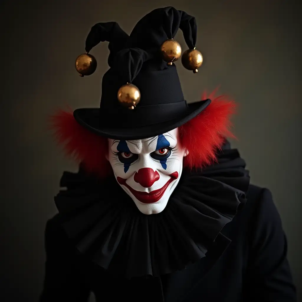 A buffoon in black clothes, with a clown hat and 3 bells on it, with hellishly red hair and red eyes