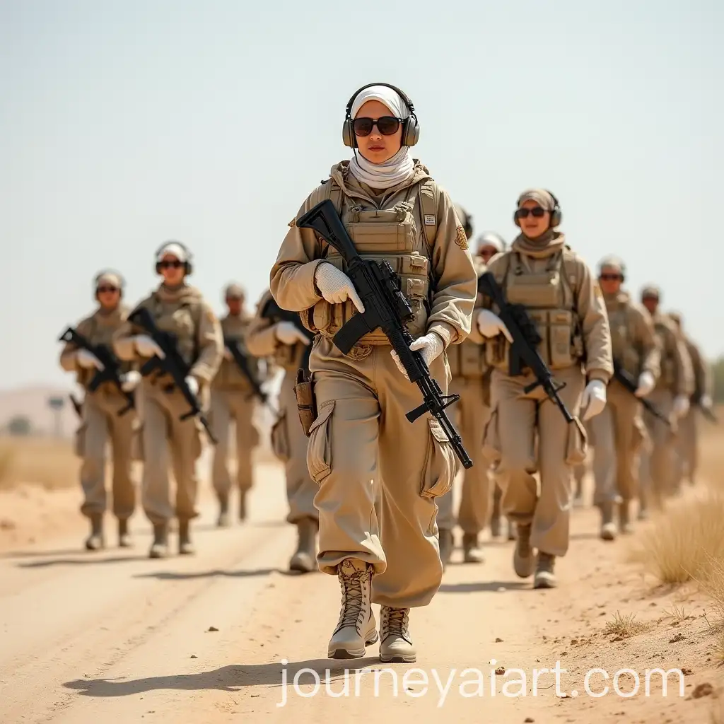 Arab-Female-Military-Officer-and-Soldiers-Patrolling-Desert-Border-with-Kalashnikov-Rifles