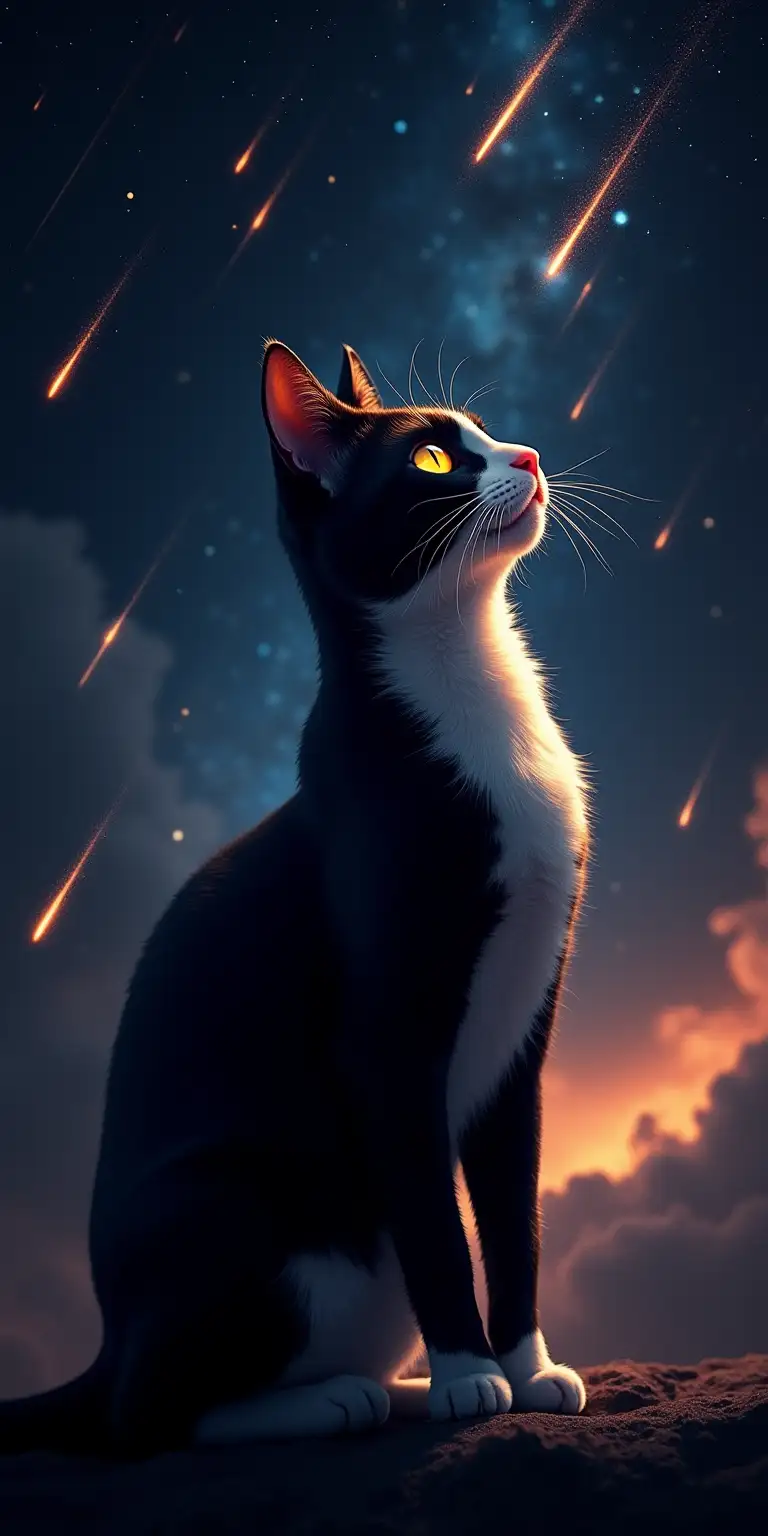 A high-resolution narrow bookmark design featuring a Tuxedo cat, reimagined with a cosmic meteor shower theme. This sleek, black-and-white feline stands poised, its fur illuminated by streaks of fiery meteors blazing across the starry sky. The contrast between its deep black coat and crisp white markings makes the cat appear as if it is emerging from the darkness of deep space, its golden eyes glowing like twin celestial beacons.nThe background is a breathtaking cosmic expanse, featuring burning orange and blue meteor trails, interwoven with faint nebula clouds and twinkling stardust. The cat’s silhouette is subtly outlined by the light of the meteors, creating a sense of motion and energy. The composition is dynamic, evoking both grace and cosmic power.