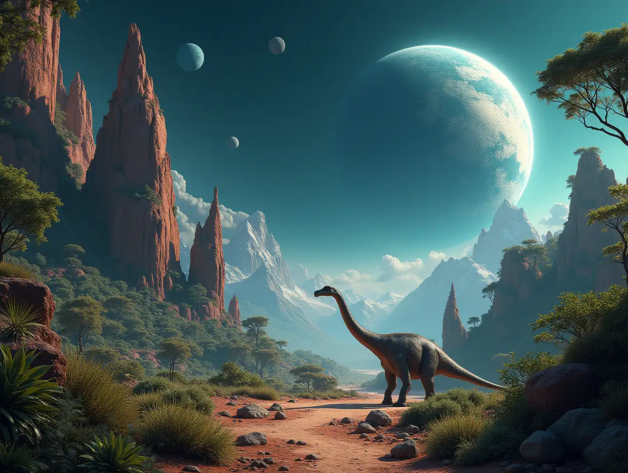 AI of foreign planets with foreign plants with dinosaurs in a 4K resolution