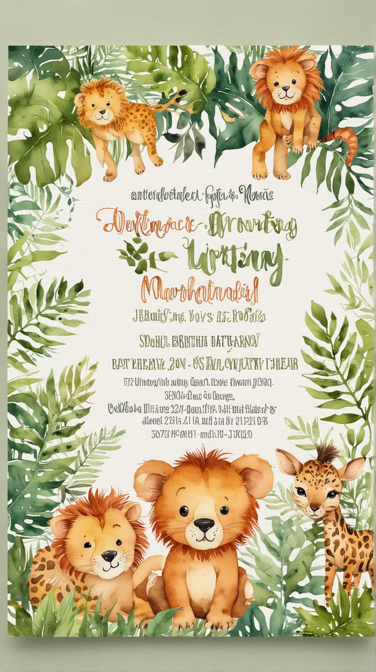 Watercolor Jungle Animal Birthday Invitation