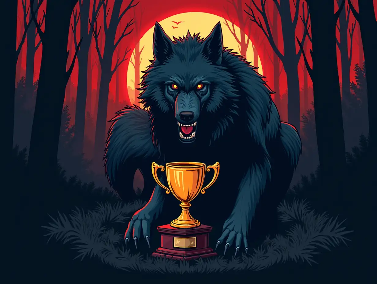 I am now hosting a deductive game Werewolf competition, please help me design a poster for the competition, it would be better to showcase elements such as the championship cup, werewolf, hunter, villagers, etc., and include more elements.