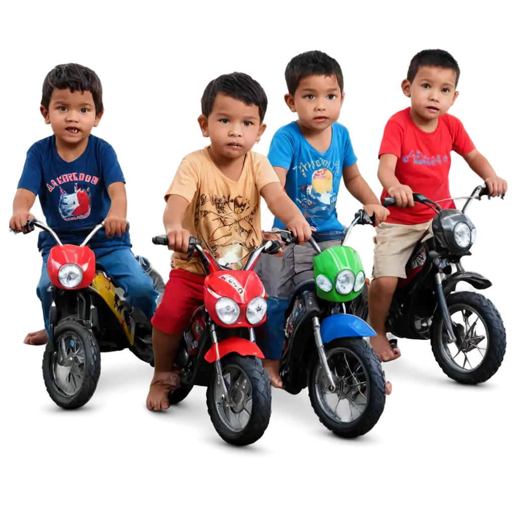 PNG-Image-of-8-Indonesian-Children-on-Toy-Motorcycles-in-a-Row-HighQuality-Clarity-and-Detail