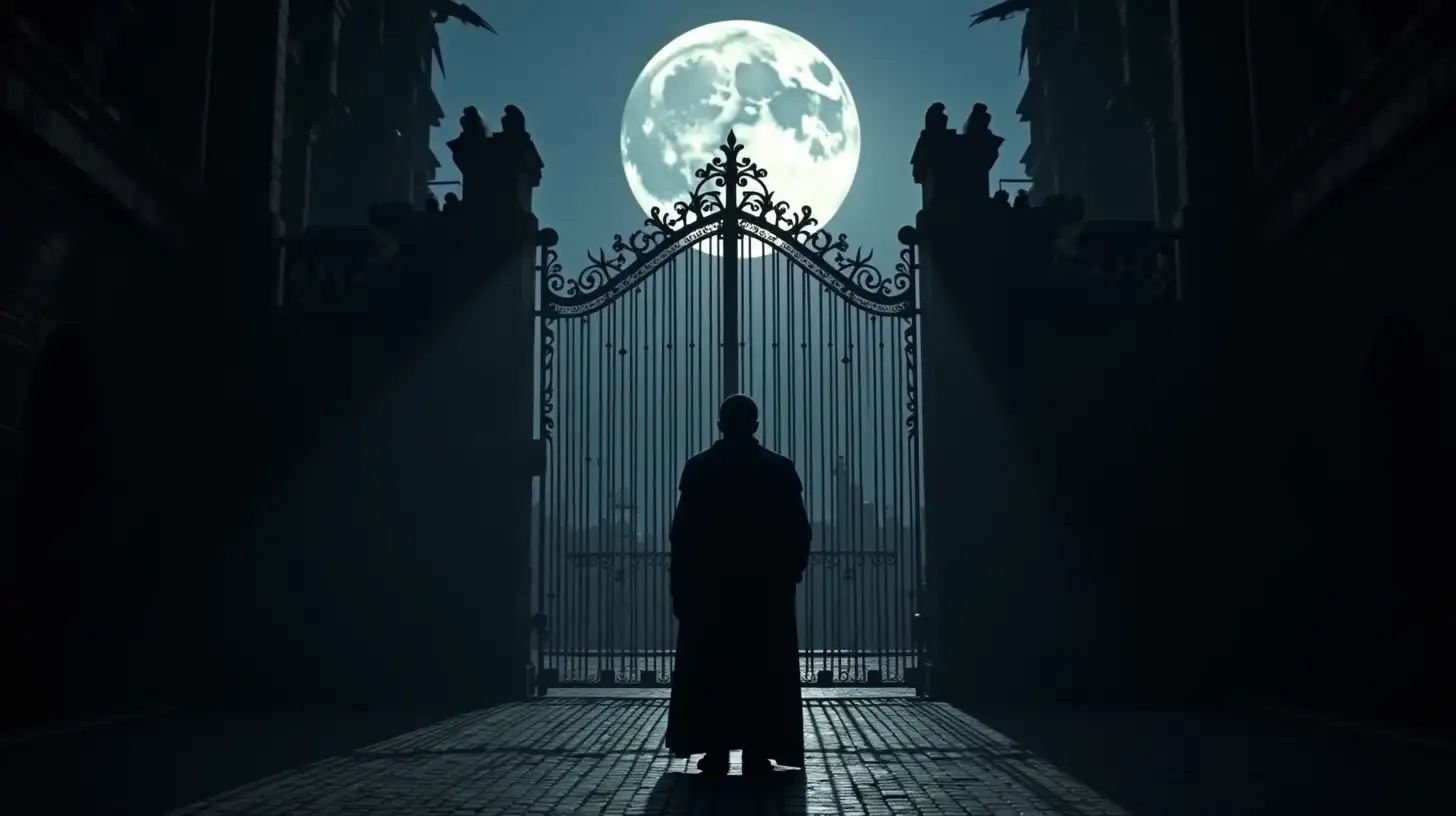 Medieval Man Silhouetted by Ornate City Gate under Moonlight