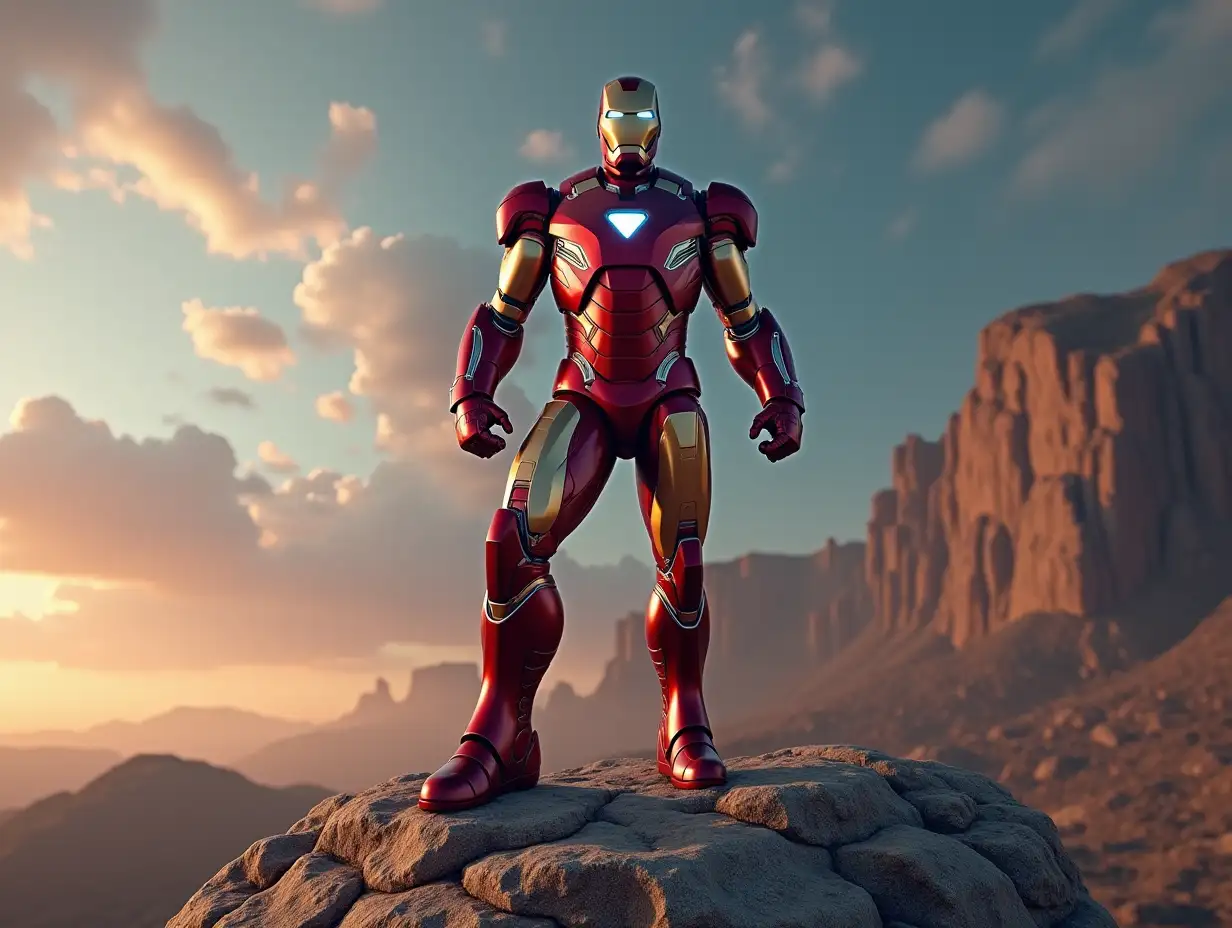 Iron Man black-red stands on a boulder 4K resolution