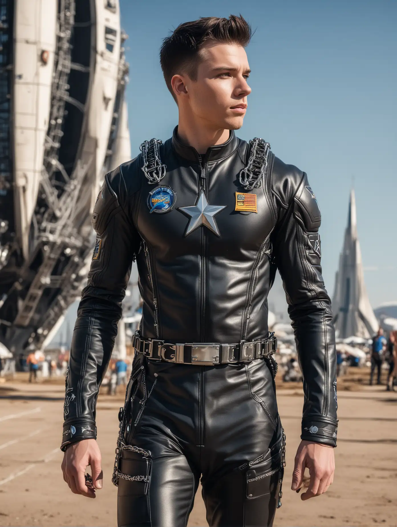 Muscular young white man, dark hair, tight fitting black leather space cadet uniform, star logo on chest, large groin bulge accentuated with straps, zips and chains, walks across the spaceport, outdoors towards futuristic space craft, with the towers of the city in the background, bright sun and blue sky