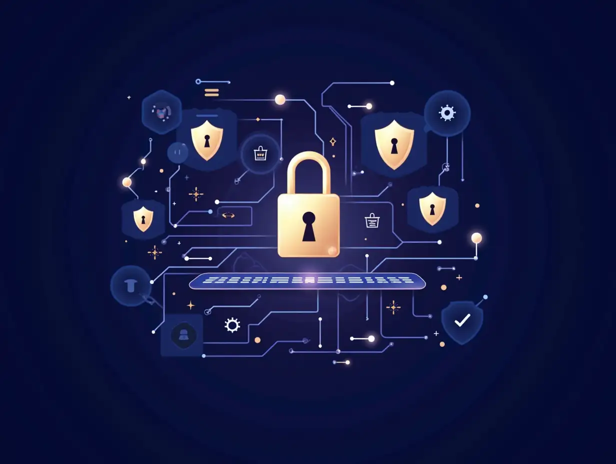A modern and abstract digital artwork emphasizing security and privacy in the digital space. The image features elements such as digital locks, protective shields, and secure networks, all rendered in a sleek and minimalist style. The color palette should consist of deep indigo/purple-blue, white, and light gold, conveying trust, reliability, and technological expertise. The overall message is that this platform prioritizes the security and confidentiality of client data.