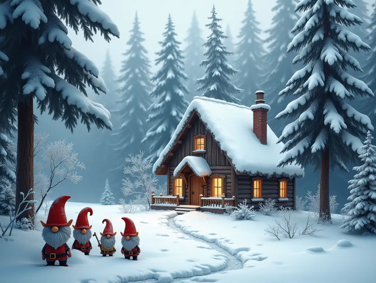 A snowy forest, a house in the forest, gnomes by the house