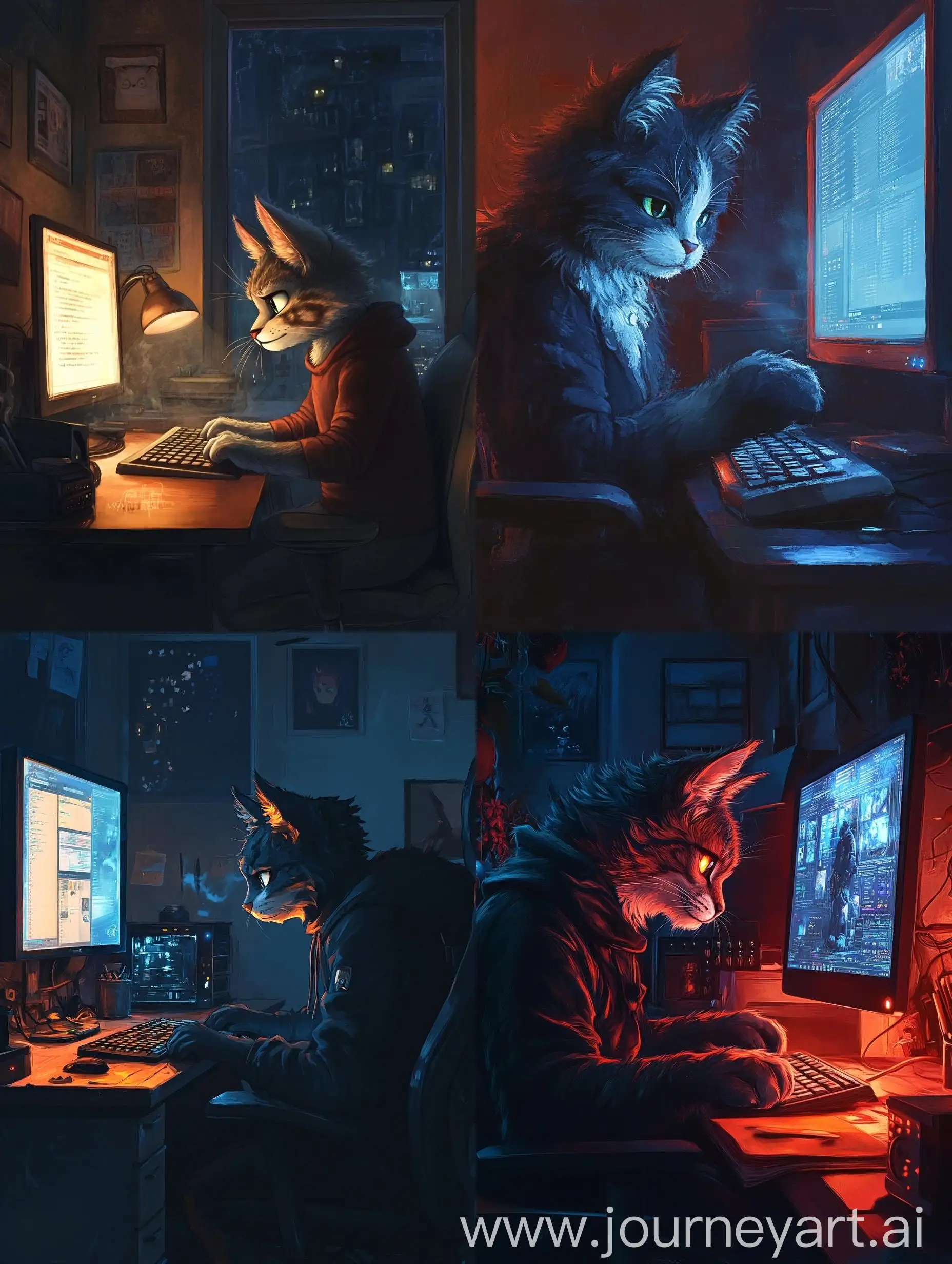 Anthropomorphic-Feline-Working-Late-Behind-Computer-in-a-Dimly-Lit-Room