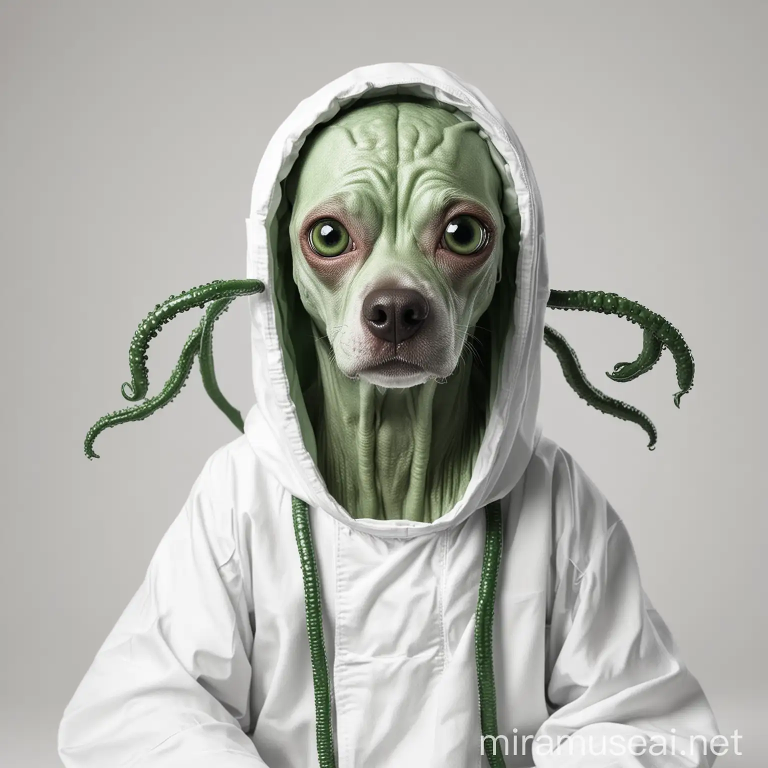 Generate an alien who looks like a dog. He should have 3 eyes, green tentacles. He should be in a surgeon's robe. He should be sitting in a flying saucer. Photo should be on white background