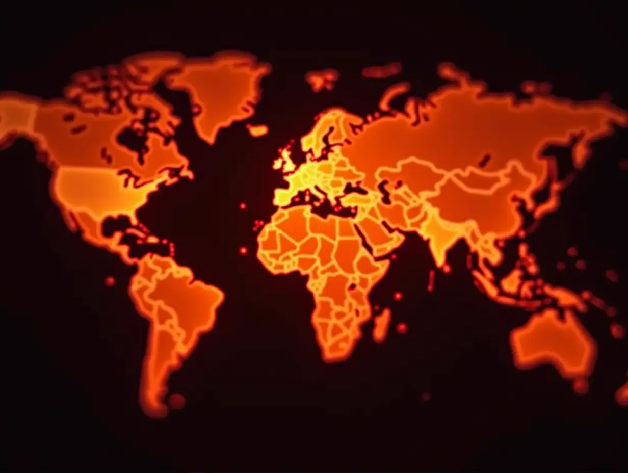 A digital representation of a world map illuminated in orange, showcasing modern technology and global connectivity.