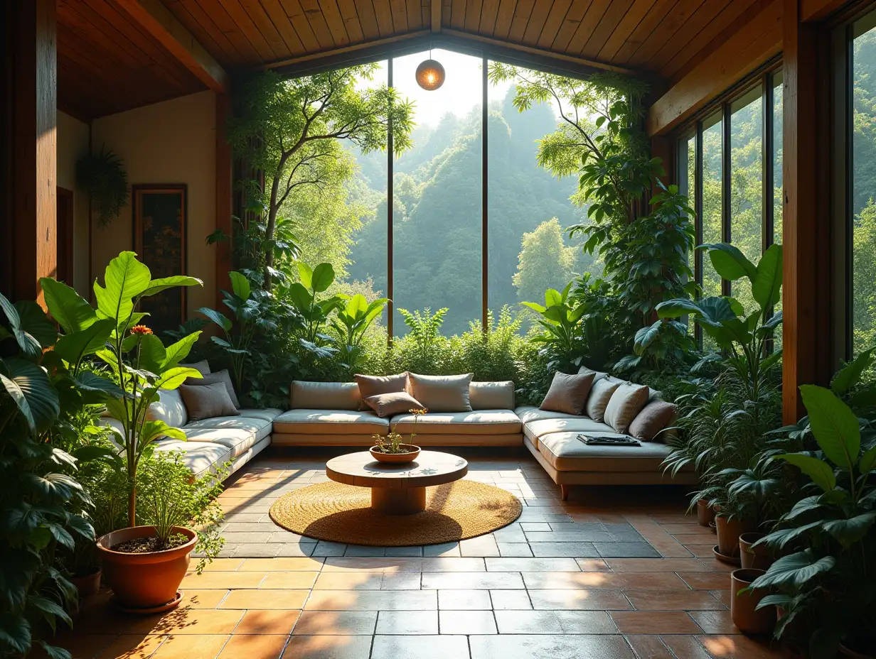 Large old open living room with very many plants, Lighting Zen garden with careful 180 degree panoramic shots 8K resolution Vibrant