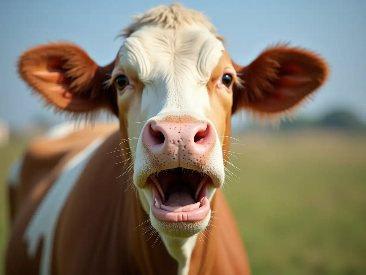 Cow with a look of surprise, open mouth and looking sideways