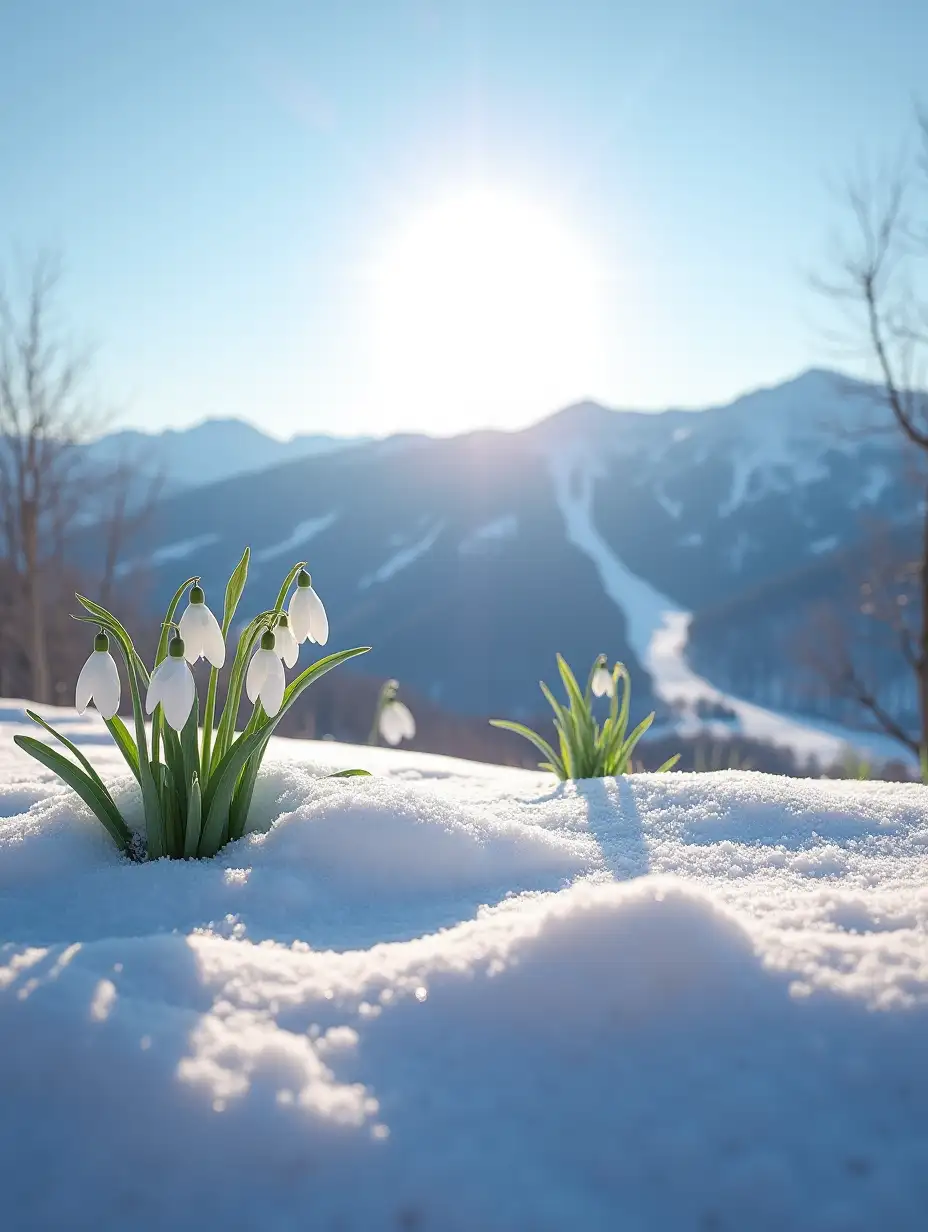 Generate a realistic photo of a hill on Mount Bukovel, where there are snowdrops in the frame that appear from under the snow, the sun is shining and ski slopes are visible in the distance