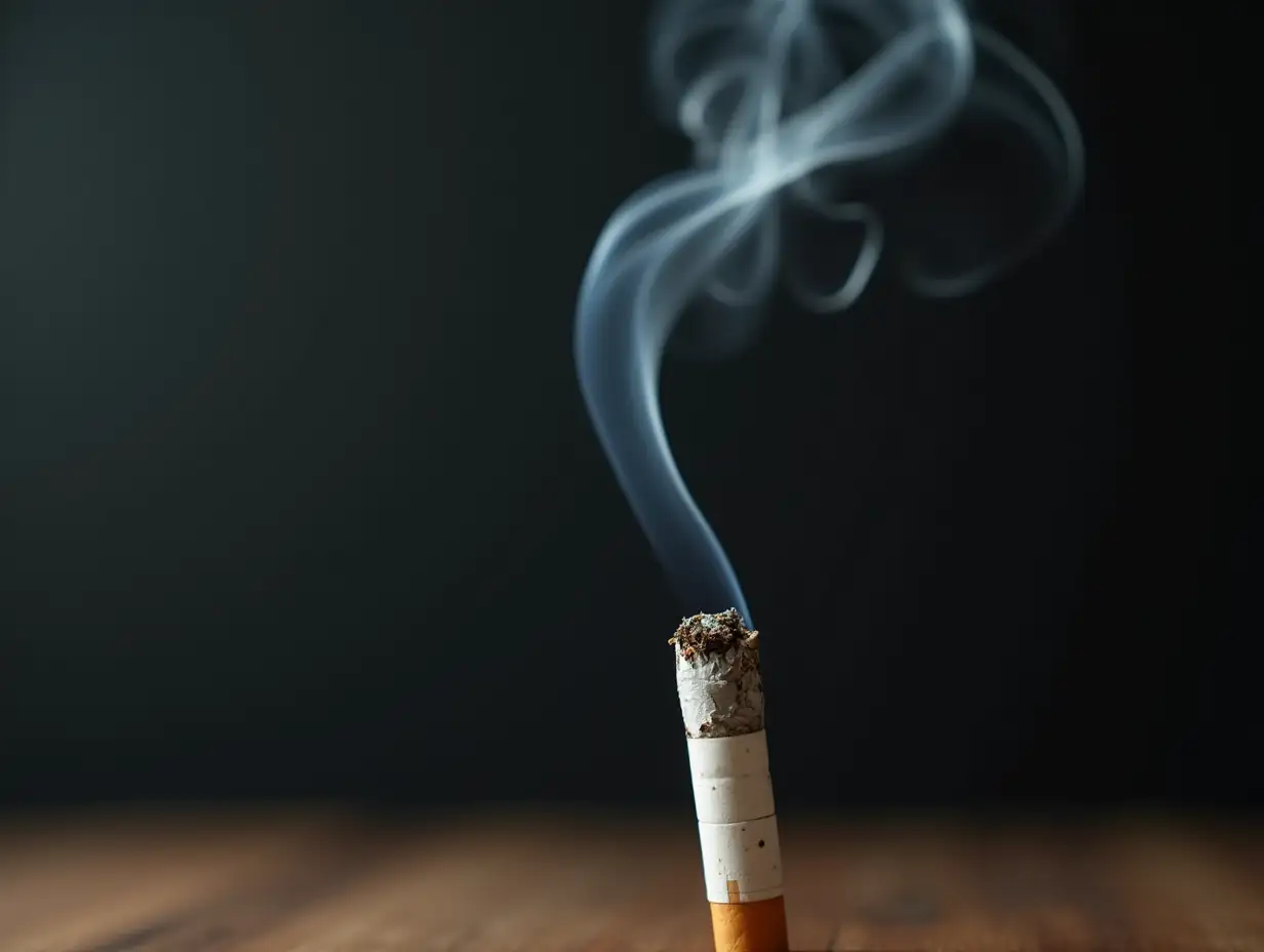 A stick of smoke coming out from a cigarette, in a quiet and aesthetic room