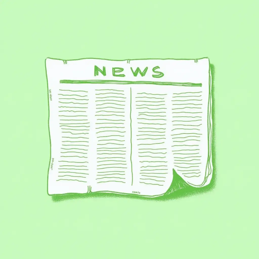 create an image of a simple folded newspaper with visible text and headlines immediately conveys the idea of news. The image is drawn with green ink with a pen.The background is solid color