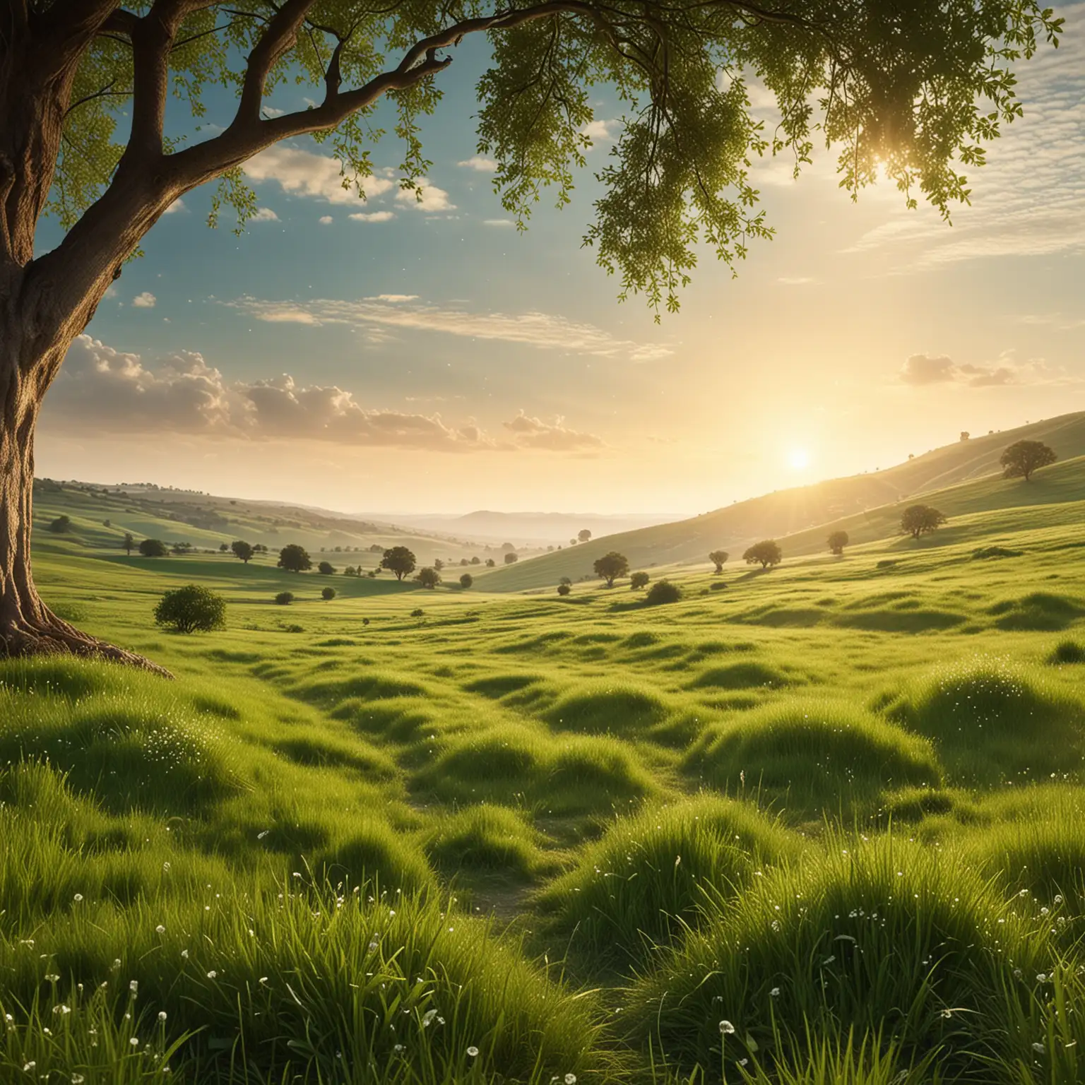 Vibrant-Green-Meadow-with-Dewdrops-and-Glowing-Mist-in-Golden-Sunlight