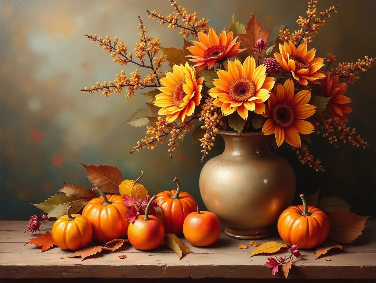 create a beautiful oil painting depicting a mesmerizing still life with vase and autumn fruits and flowers and leaves, in rich autumn colors, with soft side lighting. masterpiece of world painting. detailed, realistic. visible brush strokes, slightly noticeable canvas texture.