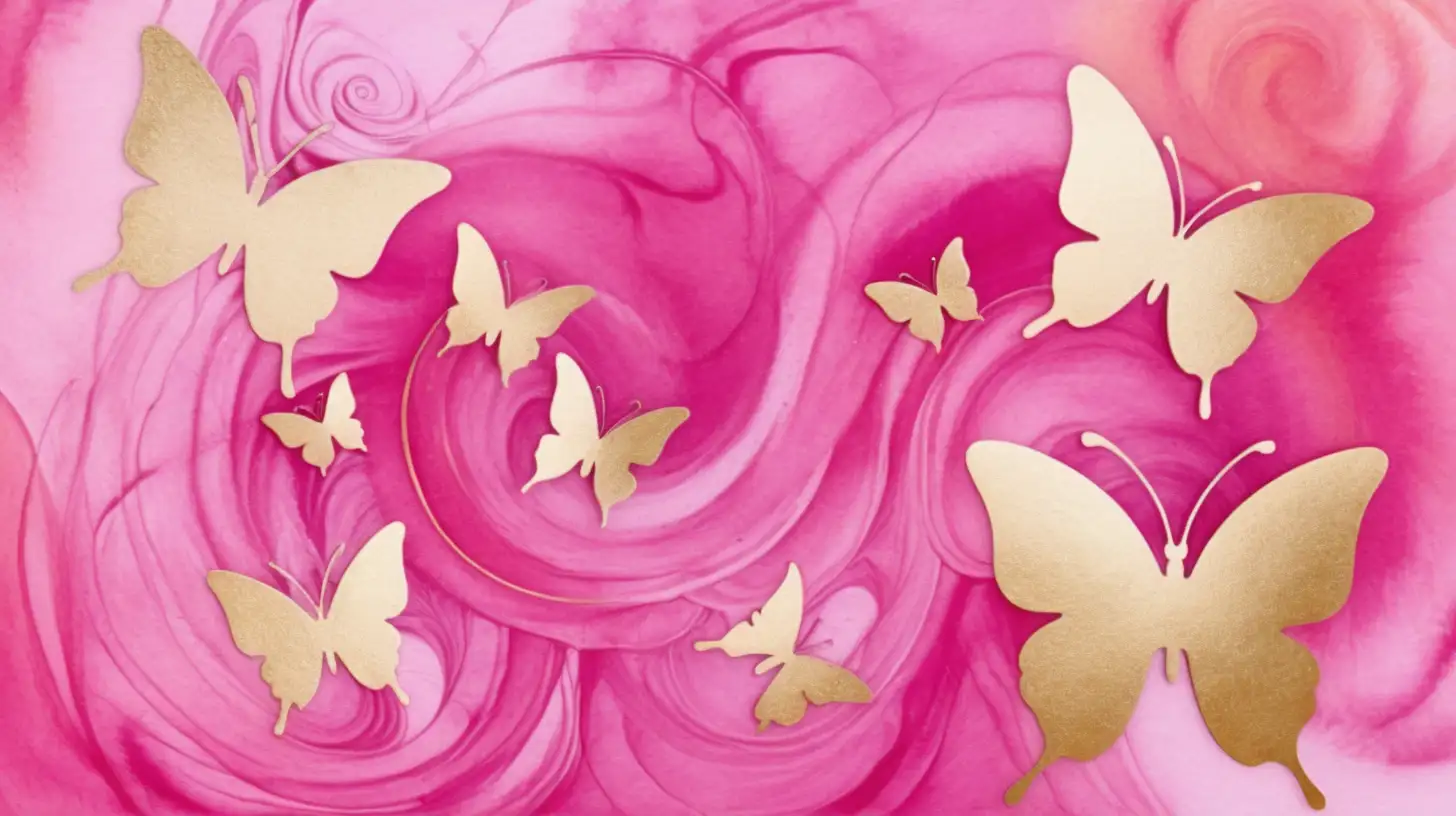 Abstract Minimalist Watercolor Swirls and Butterflies in Hot Pink Gold