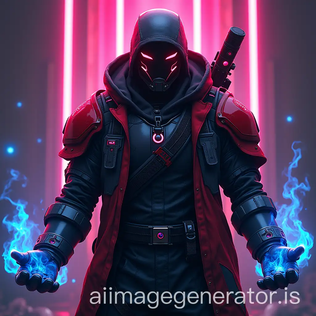 A epic gamer character in a cyberpunk style, with high-tech black and red armor, bright neon in the background, and blue flames surrounding its hands.