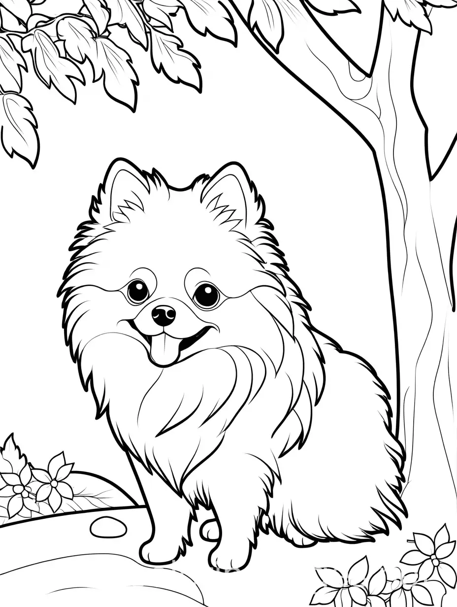 Cute-Pomeranian-Dog-Coloring-Page-Under-a-Tree