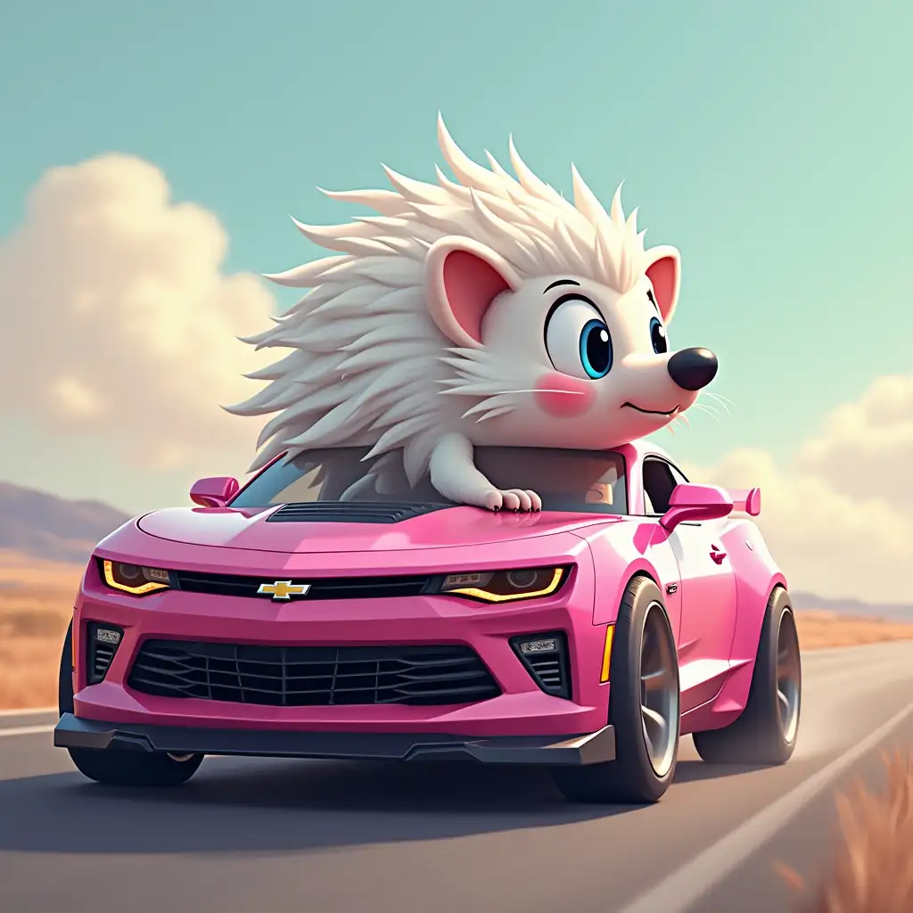 a white hedgehog rides on a pink chevrolet camaro rfh,bjktnt