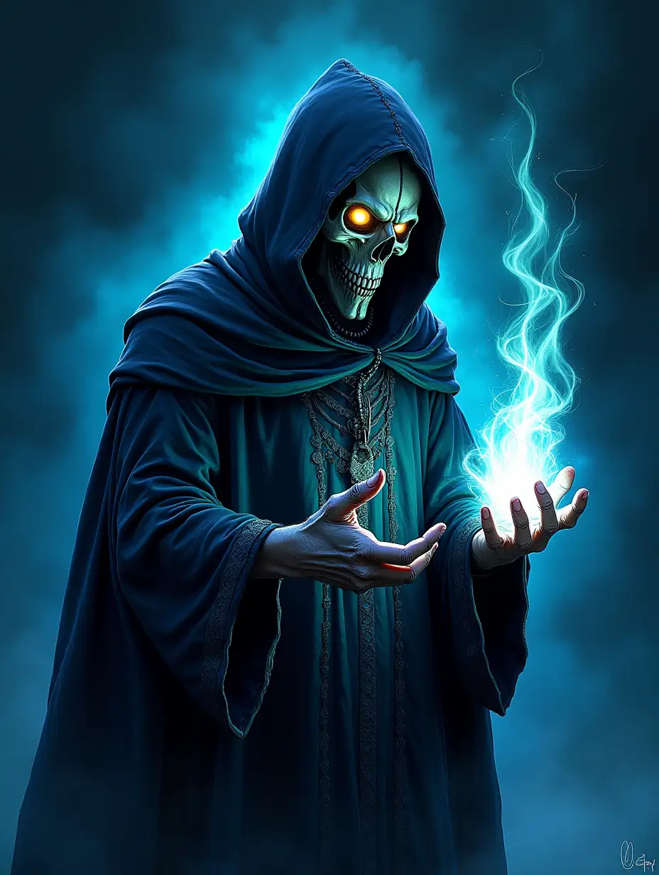 grim occultist mage conjuring a spells, azure fires, robe, hood, glowing eyes, skullface mask, dynamic angle, hand drawn, technical illustration, graphic design, vector graphics, precision artwork, digital art, cinematic sensual, sharp focus, masterpiece, vivid colors, intricate, arcane magic background