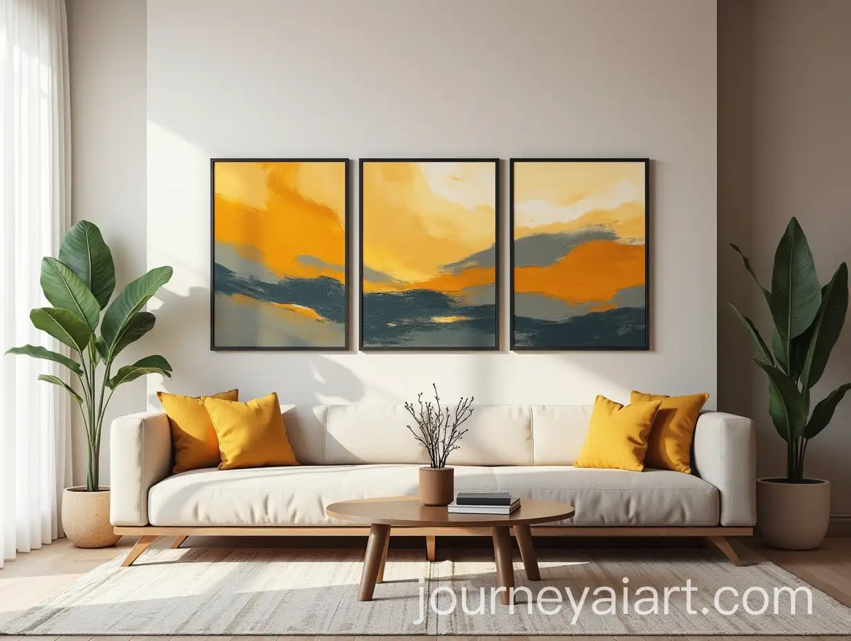 Modern-Living-Room-with-Earthy-Pastel-Tones-and-Showcase-Windows-Featuring-BlackFramed-Contemporary-Paintings